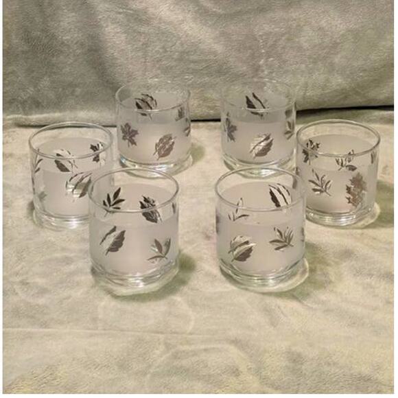 Vintage Libbey Frosted Silver Leaf Foilage Set of (6) 8oz Rocks Glasses - Picture 1 of 6